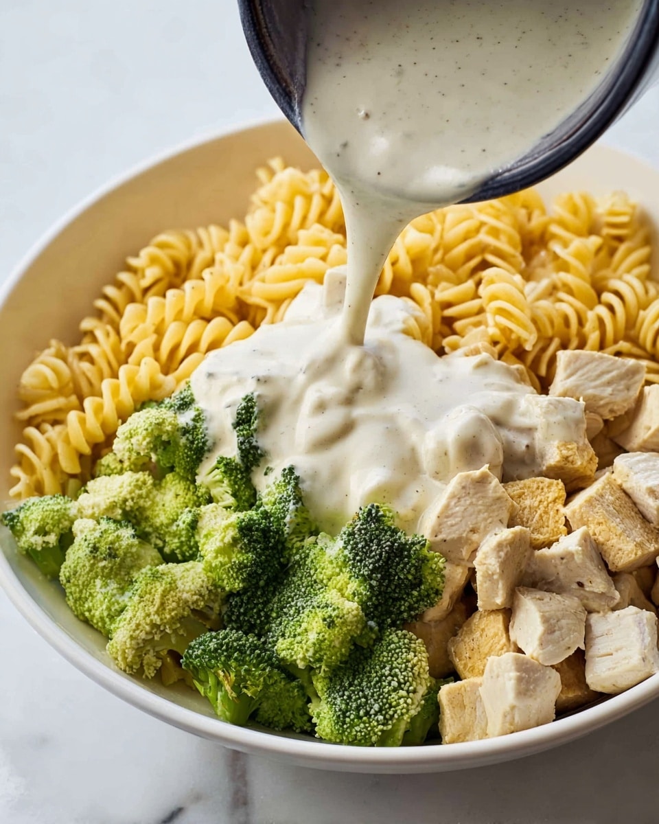 A white bowl holds a layered mix of cooked spiral pasta with its yellow-golden color on the left side, bright green broccoli florets with a bumpy texture in the bottom center, and chunks of light beige cooked chicken on the right side. A creamy white sauce with a smooth texture and tiny black specks is being poured over the broccoli from a dark container above, flowing down gently. The bowl sits on a white marbled surface. Photo taken with an iphone --ar 4:5 --v 7