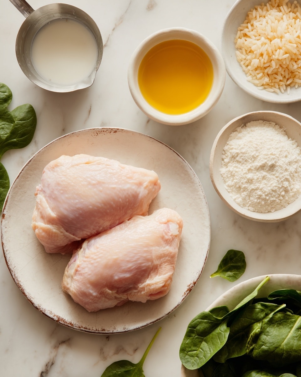 Two raw pale pink chicken pieces are placed side by side in the center of a white plate with a slightly worn rustic edge. Around the plate are several small white bowls filled with different ingredients: finely chopped light orange pieces, uncooked white rice, and a pool of golden-yellow liquid. A metal measuring cup with white liquid is on the left side, near green spinach leaves scattered on the white marbled surface. Another white bowl with a white powdery ingredient sits among more spinach on the right side. The scene is bright and clear as if taken with an iphone --ar 4:5 --v 7