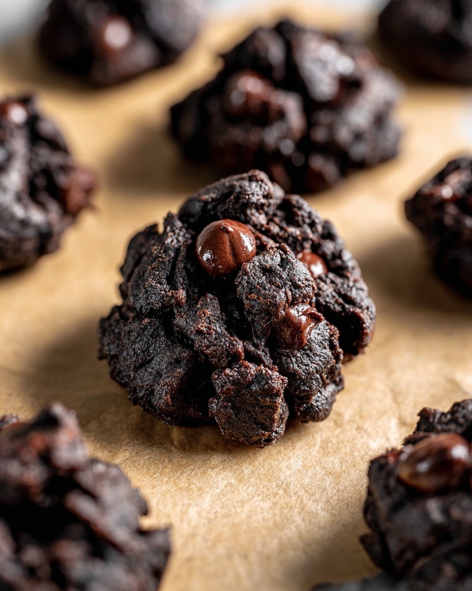 The image shows several dark chocolate cookie clusters with a rough, chunky texture. Each cluster is made of dense, crumbled dark brown chocolate dough mixed with visible smooth, shiny chocolate chips embedded in the uneven surface. The cookies sit on light brown parchment paper, placed on a white marbled surface, and the focus is sharp on one cookie in the center while the others fade softly into the background. The lighting highlights the rich, dark color and glossy chips. photo taken with an iphone --ar 4:5 --v 7
