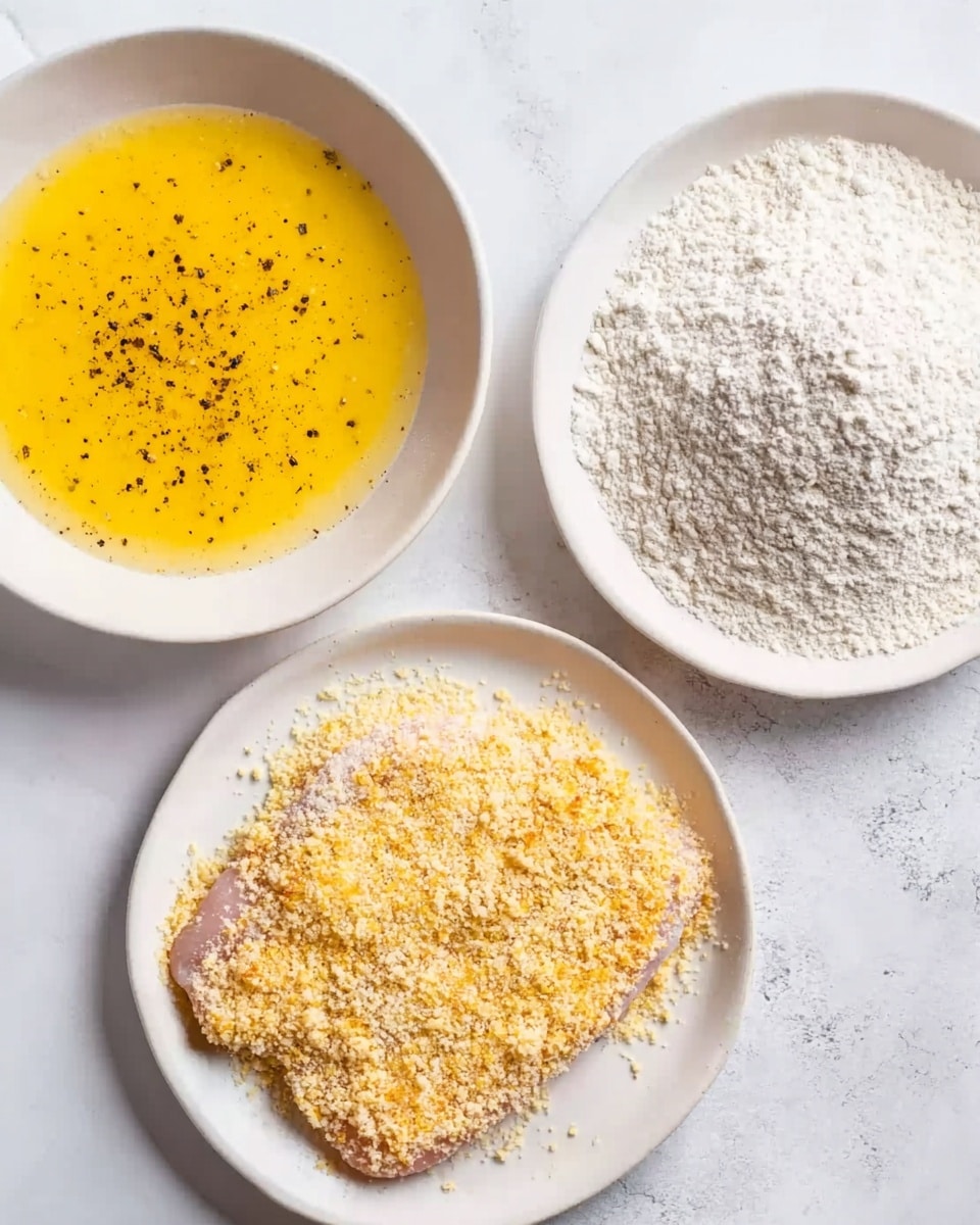 The image shows three white plates on a white marbled surface. One plate contains beaten yellow eggs with black pepper sprinkled on top. The second plate is filled with white flour, evenly spread. The third plate holds light golden breadcrumbs where a raw piece of meat is covered in breadcrumbs, lying flat in the middle. The scene has a clean and bright look with soft natural lighting. Photo taken with an iphone --ar 4:5 --v 7