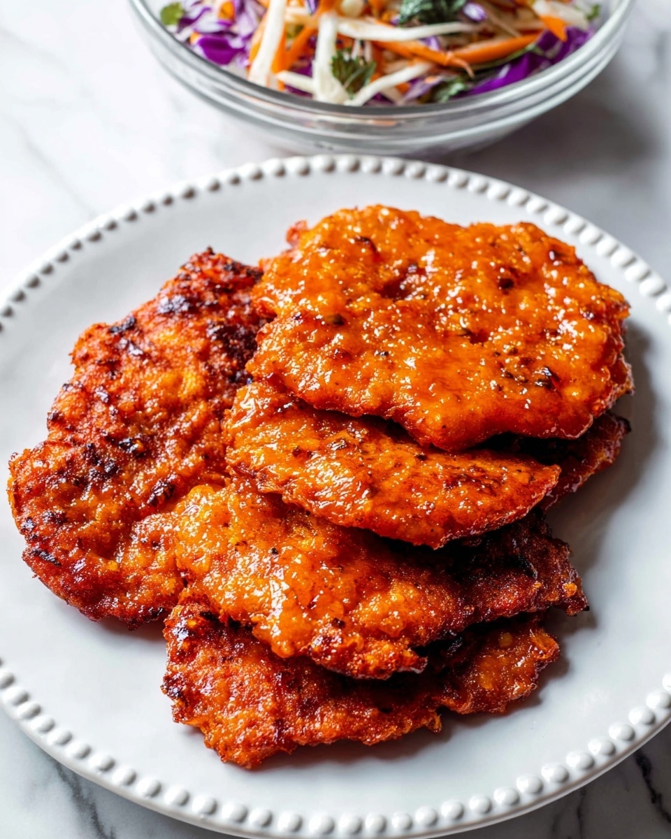 On a white plate with raised dot details around the edge, there are five fried pieces layered in a slightly uneven stack. The bottom four pieces have a crunchy texture with a reddish-brown color, showing crispy edges and small bubbles on the surface. The top piece is coated with a thick, glossy, bright orange sauce that covers its whole surface, giving it a smooth and shiny look. In the top left corner, a glass bowl holds shredded vegetables with purple cabbage, white cabbage, orange carrot strips, and green herbs, placed on a white marbled textured surface photo taken with an iphone --ar 4:5 --v 7