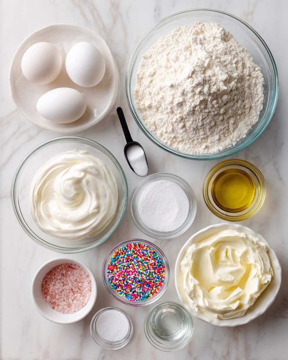 The image shows a white marbled surface with several clear glass and white bowls arranged neatly. In the center top is a large clear glass bowl filled with off-white all purpose flour with a soft, powdery texture. Below it to the left, there is a small clear glass bowl holding two white eggs with smooth shells. In the middle is another clear glass bowl filled almost to the top with fine, white sugar. To the right of the sugar is a smaller clear glass bowl containing a colorless liquid labeled almond extract. Beneath that, a tiny clear glass bowl holds white baking soda powder. Below baking soda is a tiny clear glass bowl with pinkish salt crystals. On the left side, a white bowl is filled with thick, creamy Greek yogurt that is bright white in color. Next to it is a small white bowl holding bright, colorful rainbow sprinkles with a glossy texture. At the bottom center, a clear glass bowl contains clear, slightly yellow coconut oil. In the top right corner, a small inset image shows a black scoop pouring white almond milk over a colorful textured mixture. The whole scene is clean, bright, and well-lit, with soft shadows. Photo taken with an iphone --ar 4:5 --v 7