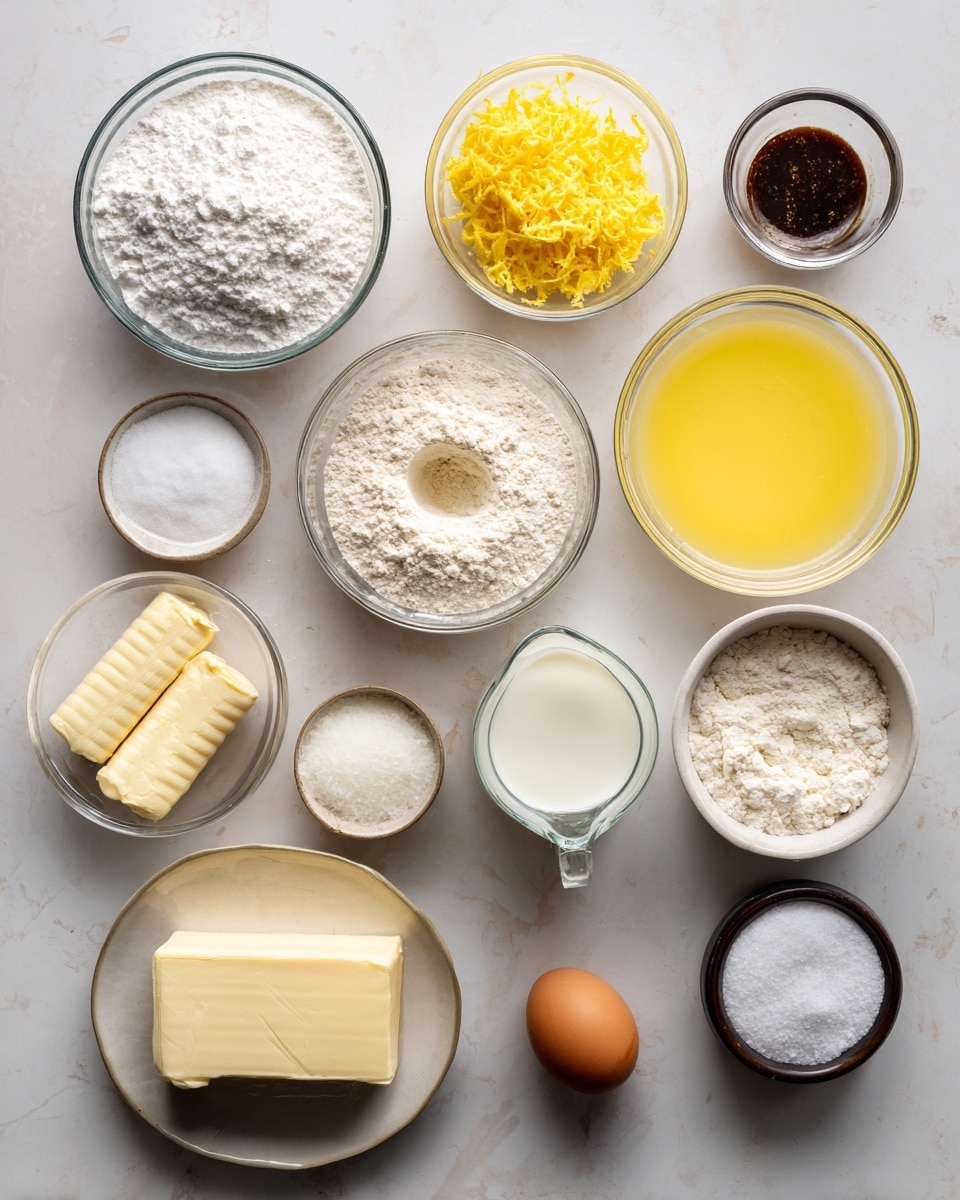 A top-down view of ingredients neatly arranged on a white marbled surface with each item in a clear bowl or container. There are 12 visible containers showing varying textures and colors: a bowl of white fine confectioners' sugar, a bowl of light beige all-purpose flour with a small hollow in the center, and a bowl of white granulated sugar. Next to these is a bowl filled with bright yellow lemon zest, and another bowl with a pale yellow lemon juice liquid. A glass measuring cup holds off-white buttermilk, and a pair of wrapped sticks of pale yellow butter sit nearby. A small round container has a white powder labeled baking soda, and a similar one holds white baking powder. A single brown egg sits directly on the surface, along with a small glass bowl containing a block of cream cheese, a small container of salt, and a dark brown bottle labeled vanilla extract. All items are spaced evenly, giving a clean and organized look. photo taken with an iphone --ar 4:5 --v 7