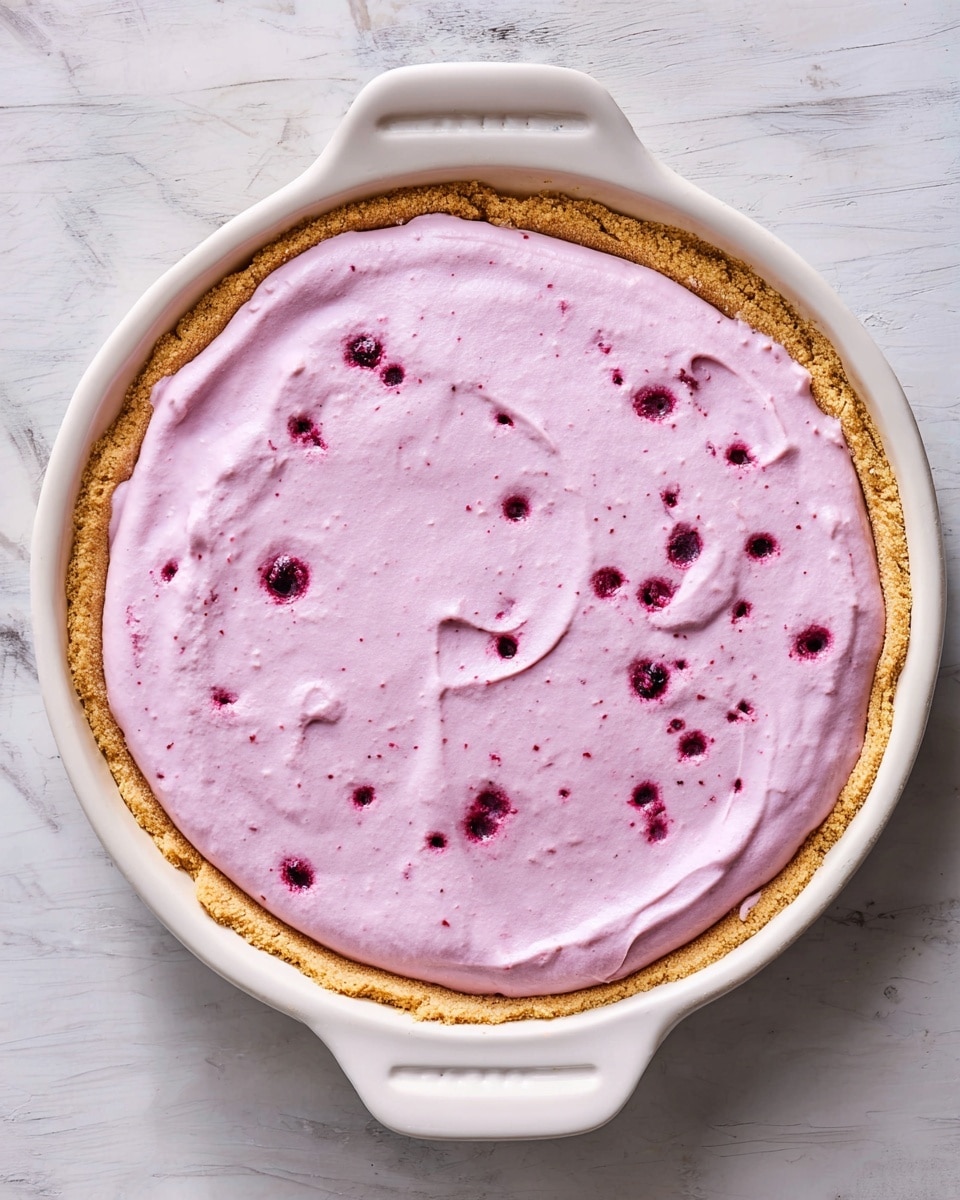 A round pie with one thick, light brown crust layer forms the base, with a fork-pressed edge all around. On top is a thick, smooth layer of pale purple filling, spread evenly with a few small darker purple spots scattered across. The pie is in a white ceramic dish with handles, sitting on a white marbled surface. photo taken with an iphone --ar 4:5 --v 7