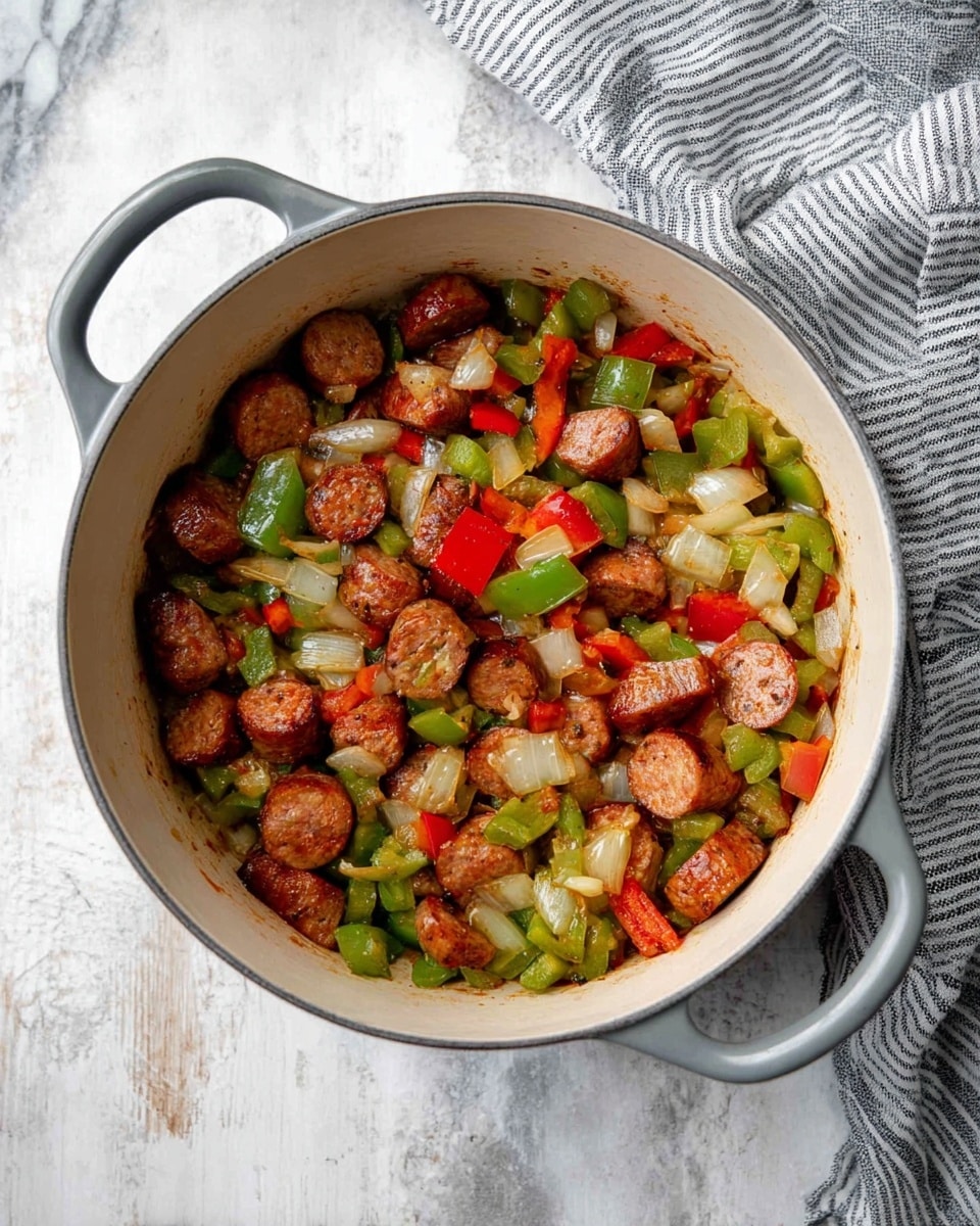 A round pot with gray handles filled with cooked sausage pieces and mixed vegetables inside is shown from above. The bottom layer consists of cooked green bell pepper chunks mixed with diced red bell pepper and onion pieces, all having a soft, slightly shiny texture. On top, scattered evenly, are browned sausage slices that have a rich, cooked meat look with a slight crisp on the edges. The pot sits on a white marbled surface with a gray and white striped cloth nearby. photo taken with an iphone --ar 4:5 --v 7
