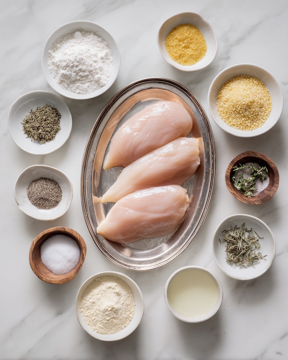 The image shows a top view of various white bowls and wooden small bowls arranged on a white marbled surface. In the center, a silver oval plate holds three raw chicken breasts with a pale pink color and smooth texture. Surrounding the plate are small white bowls, each filled with different powders and spices: one with white cornstarch, one with white salt, one with mixed black and white pepper, one with light yellow low-sodium chicken gravy powder, one with off-white whole milk powder, and one with clear water. There are also small wooden bowls with dried thyme and dried basil, along with a small white bowl of onion powder and garlic powder. A small white bowl with yellow chicken bouillon granules is also placed near the top. All items are neatly arranged in a circular layout on the marble surface. photo taken with an iphone --ar 4:5 --v 7