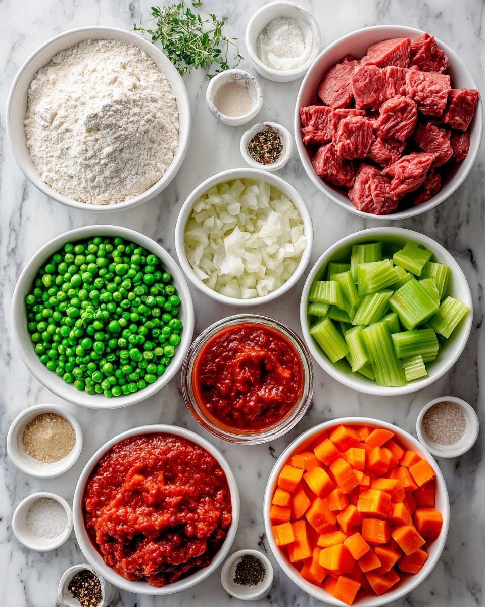 This image shows many small white bowls and a glass jar, each filled with different ingredients for a recipe, all placed on a white marbled surface. There is a bowl with bright orange carrot chunks on the bottom right, next to a bowl of vibrant green peas on the bottom left. Above the peas, there is a bowl of chopped white onion, and next to it is a bowl of white flour. Near the center, a bowl holds rich red diced tomatoes, and above it, there is a bowl with a thick, deep red tomato paste. To the right of the paste, fresh green celery sticks fill a bowl. At the top right, a bowl contains raw red stew meat pieces. Scattered between the bowls are smaller dishes with various seasonings and ingredients like garlic powder, salt, cornstarch, parmesan, egg, baking powder, garlic, pepper, oil, beef broth in a glass jar, and fresh green herbs. The arrangement is neat and visually clear, capturing all the ingredients in separate portions. Photo taken with an iphone --ar 4:5 --v 7