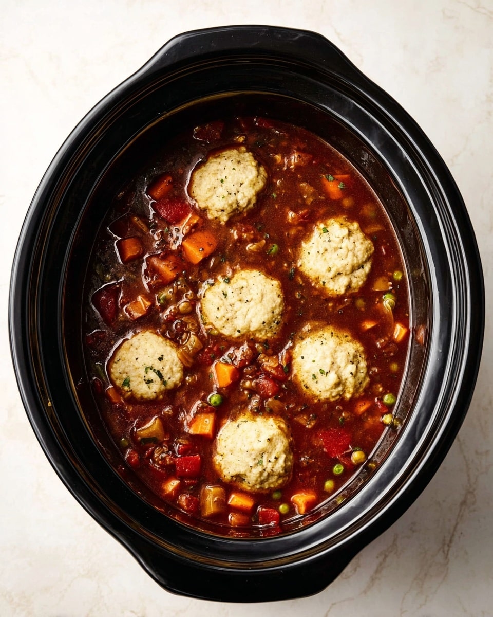 The image shows a black slow cooker filled with a rich, dark brown stew full of small chunks of vegetables like orange carrots, green peas, and red peppers. On top of the stew, there are five round, light beige dumplings spaced evenly across the surface, each with a soft, slightly rough texture. The slow cooker sits on a white marbled surface that adds a clean and bright feel to the setting. The photo gives a warm and hearty impression, with good lighting that highlights the stew's steam and texture. photo taken with an iphone --ar 4:5 --v 7