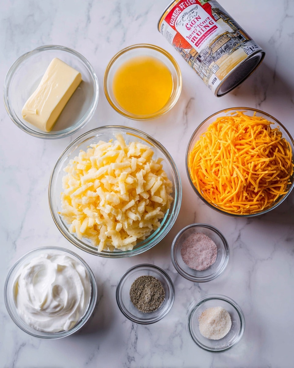 The image shows a white marbled surface with several clear glass bowls and a can arranged neatly. At the center is a large bowl filled with pale yellow frozen hashbrowns with a coarse texture. To the right, a medium bowl holds bright orange shredded cheese with a fine grated texture. Above, a small white bowl contains smooth, creamy white sour cream. Next to it, a small yellow bowl has a shiny, melted butter. Above to the right is a can of cream of chicken soup. Around these are small clear bowls with fine powders: one with pink salt, another with black pepper, and a third with beige onion powder. The arrangement is clean and organized, each ingredient clearly visible. Photo taken with an iphone --ar 4:5 --v 7