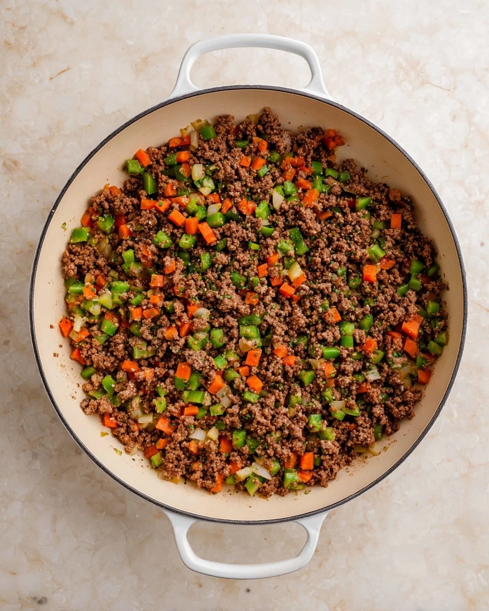 A round white pan with a handle holds a mixture of cooked ground beef, small pieces of green bell pepper, orange carrot, and white onion. The ingredients are evenly spread inside the pan, with a sprinkle of black pepper and coarse salt visible on top. The colors layer naturally with the brown beef as the base, dotted with green, orange, and white from the vegetables. The pan sits on a white marbled surface. Photo taken with an iphone --ar 4:5 --v 7
