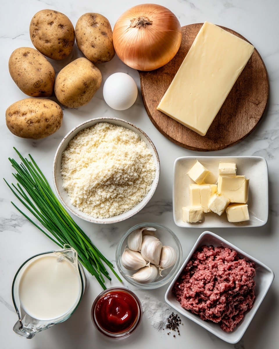 The image shows a neat arrangement of cooking ingredients on a white marbled surface. There are seven whole brown potatoes on the top left, next to a large yellow onion. To the right, a round wooden board holds several green chives, a block of pale yellow cheese, one brown egg, three pieces of cream cheese still in foil, and three garlic cloves. Below, a white bowl filled with beige breadcrumbs is centered, flanked by a block of salted butter wrapped in paper at the bottom left, and a clear measuring cup with heavy cream beside it. On the bottom right, there is a white square dish holding ground beef. A small white bowl with dark flour sits near the top right, and another white bowl with red ketchup is near the left side. A small pile of salt and pepper is visible near the breadcrumbs. photo taken with an iphone --ar 4:5 --v 7