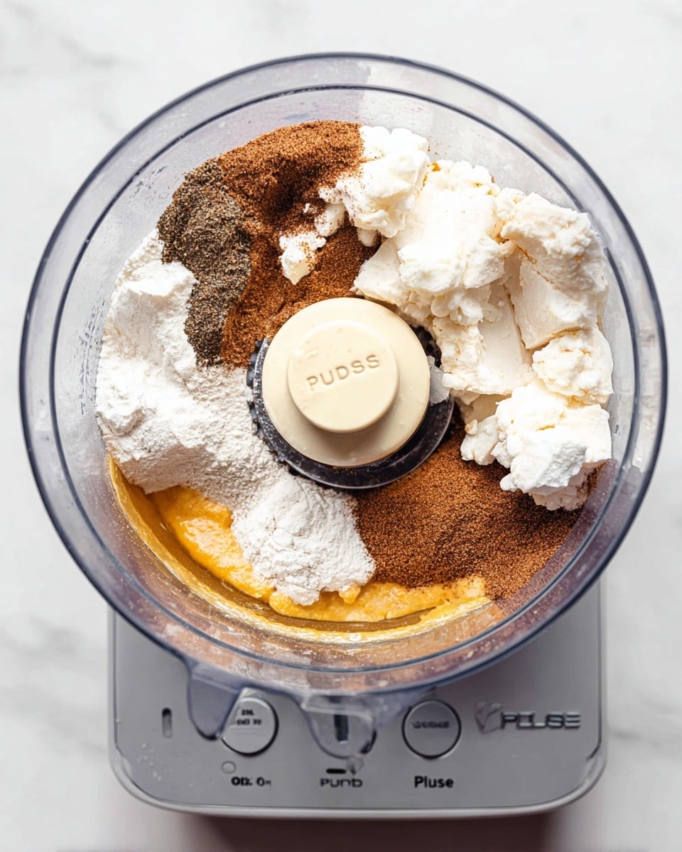 Inside a clear food processor bowl, several ingredients lie layered: at the bottom, a shiny, golden-brown liquid forms a thin layer, followed by patches of white, crumbly powder scattered unevenly over it. There are also areas of fine, dark brown powder sprinkled over the white, and chunks of thicker white paste clustered in spots. The food processor blade sits centered above these layers, with parts of it slightly dusted with powder. The whole setup rests on a device with grey buttons labeled