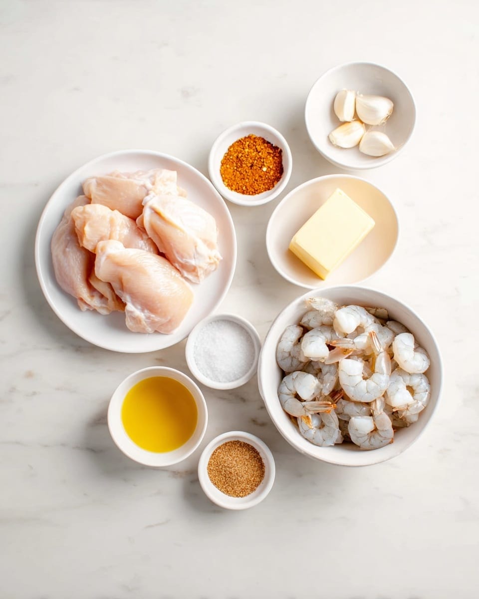 The image shows eight bowls and a white plate on a white marbled surface. The white plate on the left holds four pieces of raw chicken, pale pink in color with smooth texture. To the right of the plate is a white bowl filled with raw shrimp that are light gray with tails still on. Above the shrimp, there is a tiny white bowl with two cloves of garlic that are off-white with a papery texture. Next to it is a white bowl with a block of pale yellow butter. Below the shrimp bowl, there is a white bowl with golden oil. To the left of that, there is a white bowl with orange and red mixed spices, appearing grainy. Below it, a white bowl contains a light brown paste. Lastly, a small white bowl holds a white granular substance, likely salt. The whole setup is bright with soft, natural light. Photo taken with an iphone --ar 4:5 --v 7