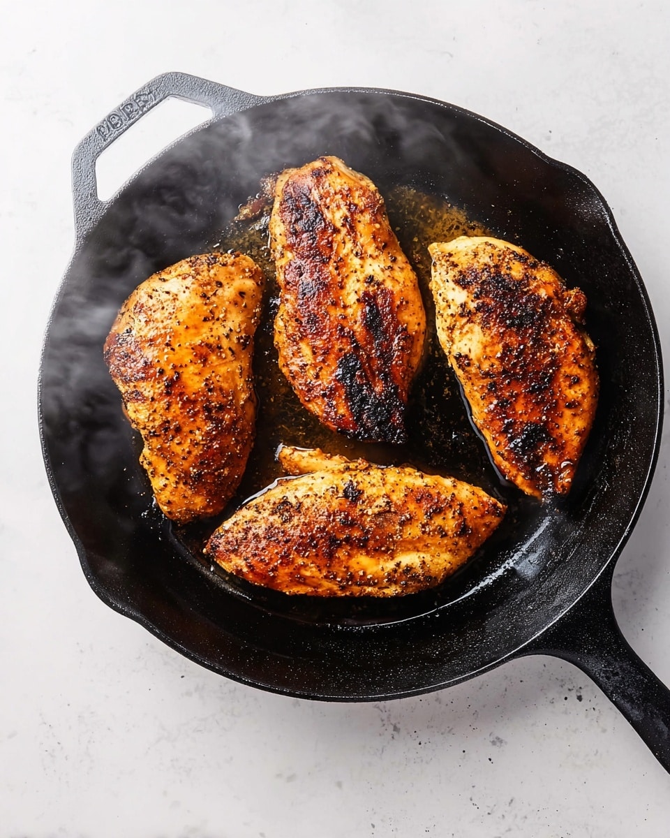 Four pieces of cooked chicken with a golden brown and slightly charred surface lay inside a black cast iron pan. The chicken is thick and has a textured, juicy look with seasoned spices visible on the skin. Light smoke rises above the hot chicken, giving a fresh cooked feel. The pan rests on a white marbled texture background, showing slight oil residue around the chicken, adding a shiny contrast. The extended handle of the pan points to the right side. photo taken with an iphone --ar 4:5 --v 7
