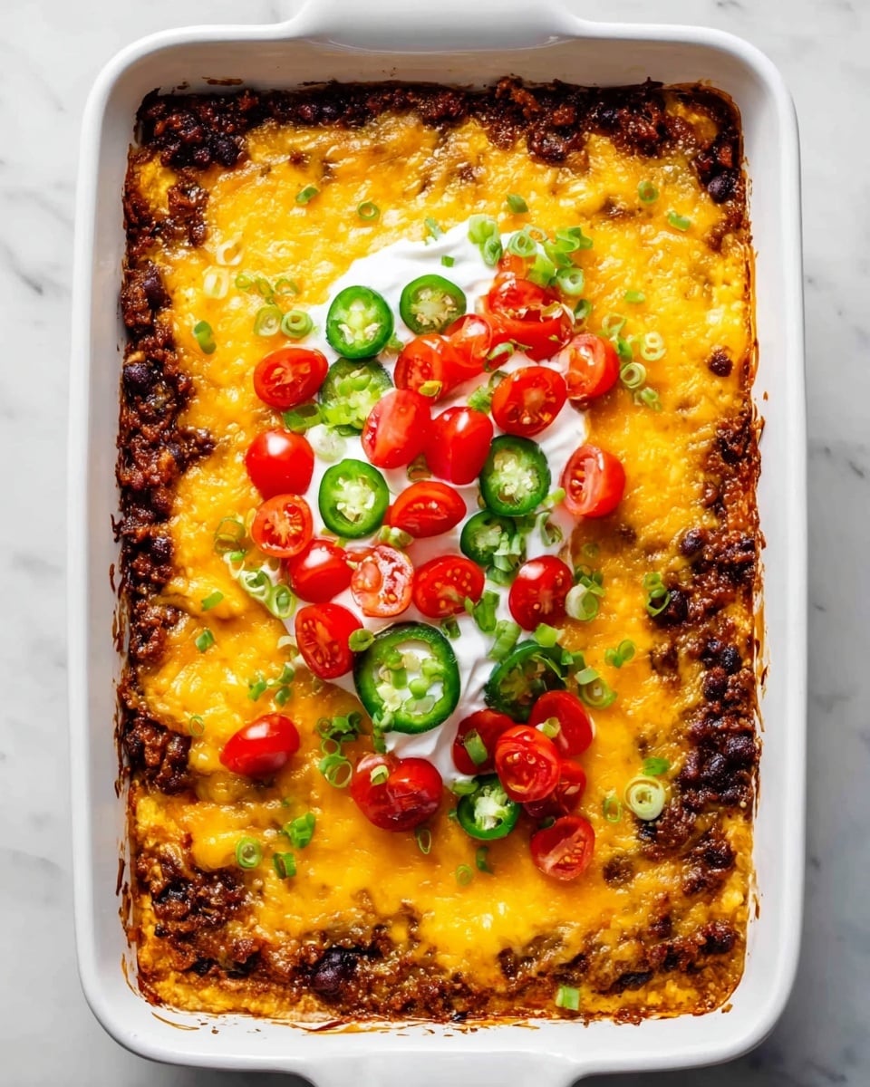 A white rectangular dish filled with a layered baked casserole. The bottom layer is dark brown ground mixture, possibly meat or beans. Above it is a thick layer of melted, bubbly yellow cheese that covers the entire surface. In the center, there is a dollop of white sour cream topped with bright red sliced cherry tomatoes and light green sliced jalapeño peppers scattered neatly around it. The edges of the casserole have slightly browned and crispy cheese. The dish sits on a white marbled surface. Photo taken with an iphone --ar 4:5 --v 7