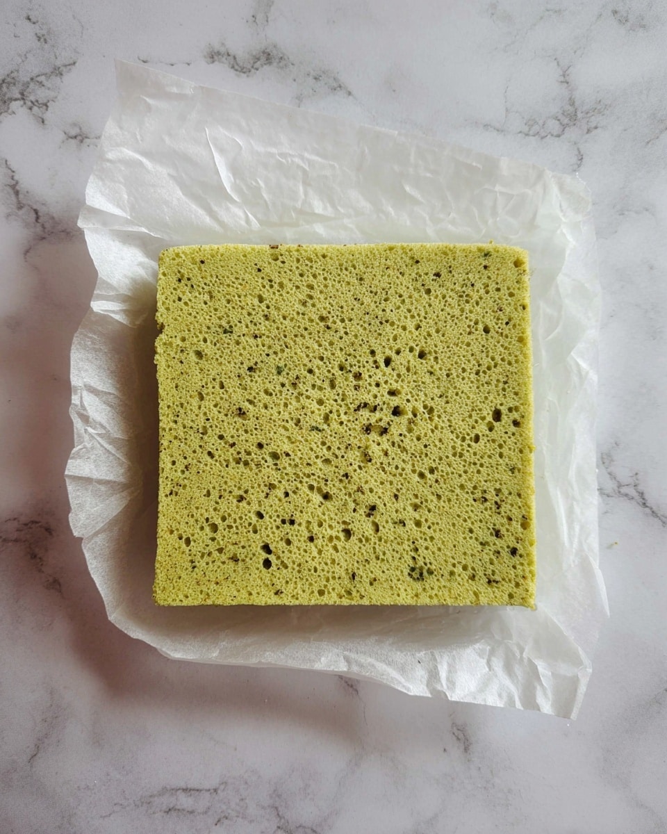 A square piece of light green sponge cake with a porous texture lies flat on a sheet of white parchment paper, which is slightly crumpled around the edges. The cake's surface has small holes and an even, soft appearance. The whole setup is placed on a white marbled textured surface. photo taken with an iphone --ar 4:5 --v 7