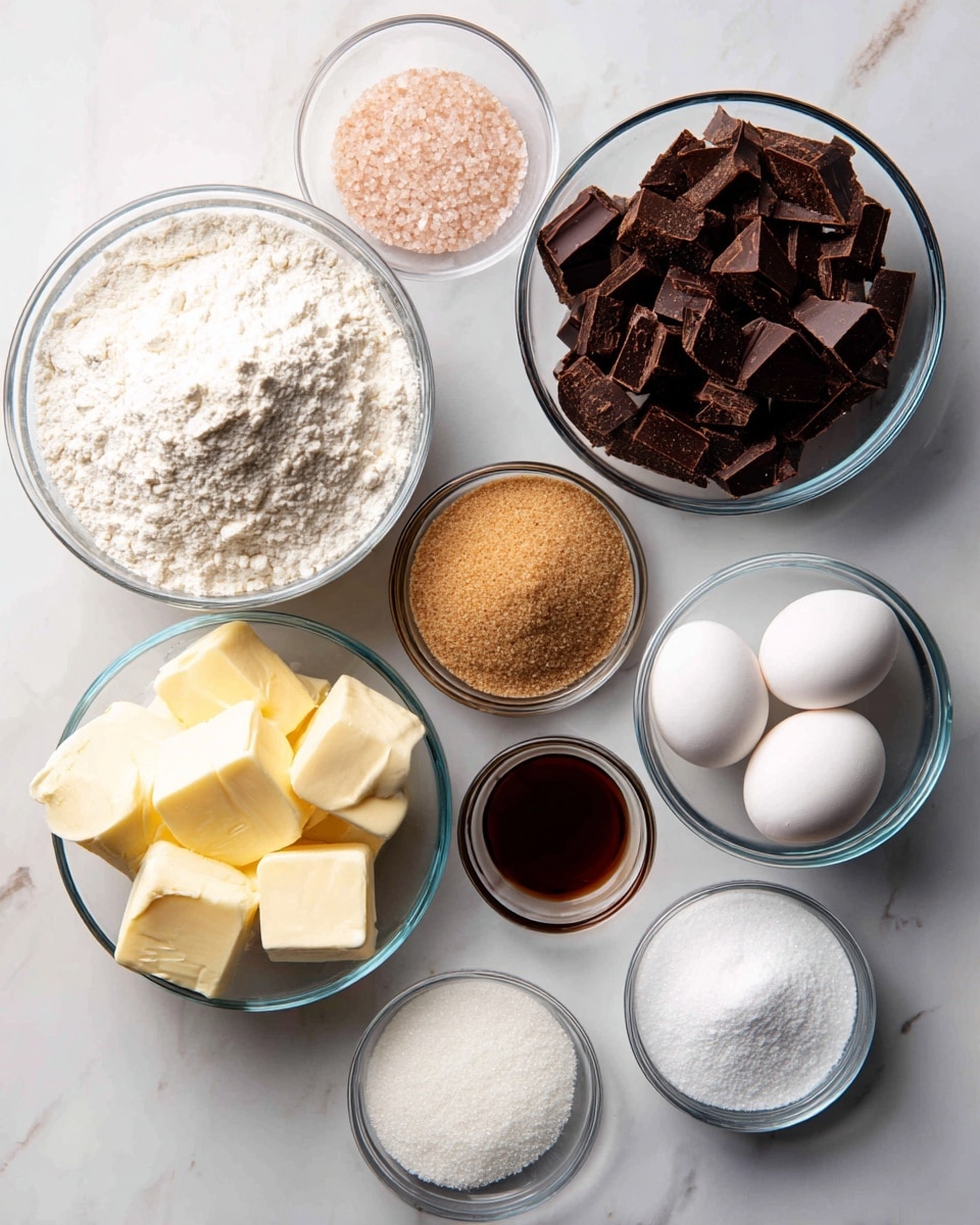 The image shows several clear glass bowls arranged on a white marbled surface, each filled with different baking ingredients. At the top left, a bowl holds white flour with a powdery texture. To its right, another bowl contains chopped dark chocolate pieces, dark brown and chunky. Below the flour bowl, there is a bowl with light brown sugar, soft and grainy. Next to it is a very small bowl with fine salt, light pink in color. To the right of the salt, a bowl with white granulated sugar is seen, smooth and shiny. Below the brown sugar bowl, a bowl is filled with several chunks of pale yellow butter. Next to the butter, two white eggs rest in a small bowl. In the center, a tiny bowl contains a dark brown vanilla liquid. At the bottom, two small bowls hold white powders — baking soda and baking powder — both fine and grainy. Each bowl is labeled with white text on black background identifying the ingredient. Photo taken with an iphone --ar 4:5 --v 7