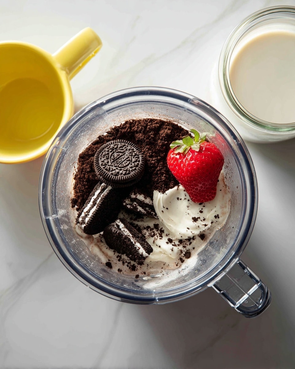 A clear blender container filled with broken chocolate sandwich cookies showing white cream filling and dark cookie layers, with a single whole red strawberry sitting on top, positioned against a white marbled surface. Nearby, a yellow measuring cup filled with white liquid and a clear jar with a small amount of white liquid are partially visible at the top right corner. The scene is simple and clean, focusing on the ingredients inside the blender. photo taken with an iphone --ar 4:5 --v 7