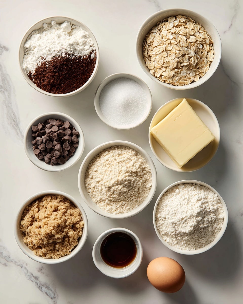 The image shows ten small bowls and one egg arranged on a white marbled surface. At the top left, a white bowl holds white powdered sugar with dark brown cocoa powder on top, forming two layers. To the right, a white bowl is filled with light brown rolled oats, textured and rough. Below the powdered sugar, a white bowl contains fine white sugar, smooth and even. Next to it on the right is a white bowl with smooth off-white sourdough starter. At the top right, a white bowl holds a block of pale yellow butter with a slightly creamy texture. Below the butter is a white bowl filled with light brown, crumbly brown sugar. To the left of the brown sugar, a white bowl contains small dark brown chocolate chips. Below the sugar bowl is a white bowl of fine white all purpose flour. Next to the flour is a small glass container with dark brown vanilla extract. To the right of the chocolate chips is a small white bowl with white salt and light gray baking soda. Lastly, at the bottom left is a single brown egg resting on the white marbled surface. The scene is well lit, clean, and the bowls are evenly spaced in rows. photo taken with an iphone --ar 4:5 --v 7