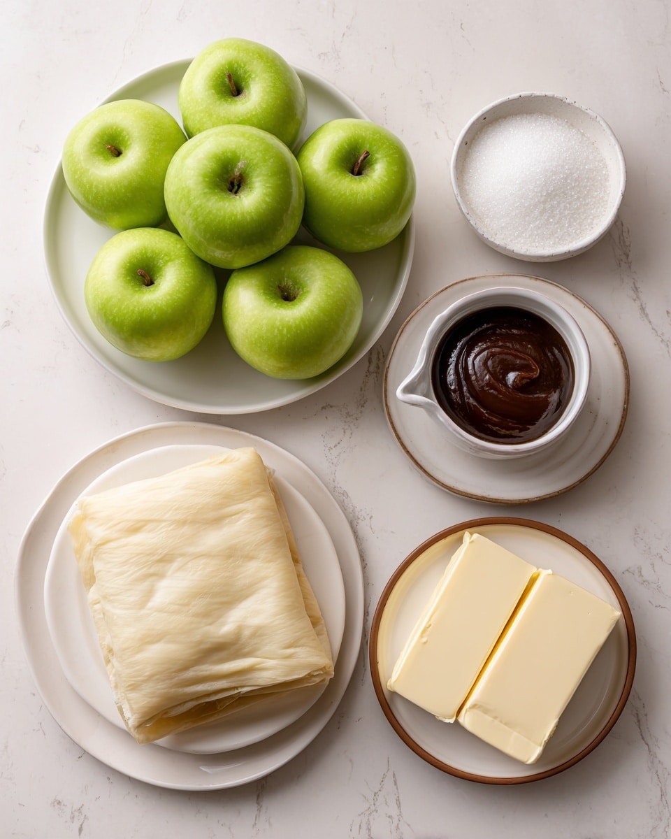 The image shows five food items arranged neatly on a white marbled surface. On the top left, there is a white plate holding seven shiny green apples, which are smooth and round. To the right of the apples, there is a small bowl filled with white sugar crystals. Below the bowl, a white plate holds a block of folded pale yellow puff pastry with a slightly flaky texture. To the left of the puff pastry, a small white cup contains thick dark brown vanilla bean paste. Above the vanilla bean paste, a small plate with a brown rim holds four slices of smooth pale yellow butter stacked slightly on top of each other. The items are spaced evenly and shown clearly. Photo taken with an iphone --ar 4:5 --v 7