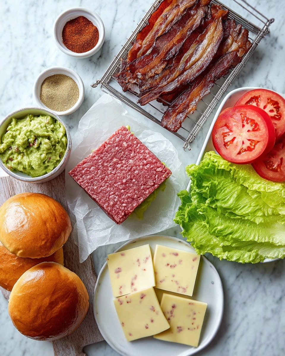 The image shows burger ingredients arranged on a white marbled surface. There are two shiny, golden brown burger buns at the bottom left. Above them, a small white bowl holds two kinds of powdered spices, one red and one light brown. Next to it, a metal rack with several strips of crispy, dark brown cooked bacon. Above the bacon, a block of raw ground beef shaped in a square lies on parchment paper. To the right, a white plate displays three red tomato slices and bright green large lettuce leaves. Below, another white plate has several square slices of pale yellow cheese with small red and green specks. Between the plates, a small white bowl is filled with chunky green guacamole. The clean layout and colors give a fresh look. Photo taken with an iphone --ar 4:5 --v 7