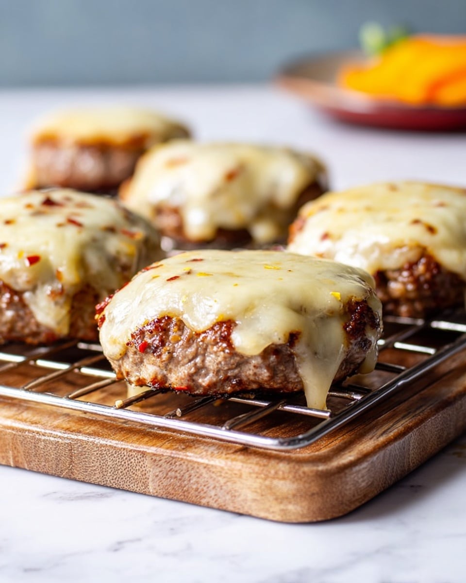 The image shows five cooked burger patties placed on a silver cooling rack above a wooden board. Each patty is topped with a thick layer of melted cheese that is creamy white with small red and yellow chili flakes scattered throughout, which slightly drips down the sides. The patties have a browned, textured surface. The scene is set on a white marbled surface with a soft, blurred background where some orange and green elements are visible but not clearly defined. photo taken with an iphone --ar 4:5 --v 7