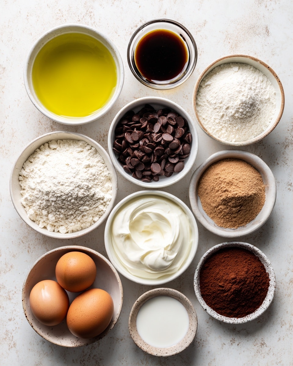 A top view of several small white bowls arranged on a white marbled surface, each holding different baking ingredients. From top to bottom, the bowls contain olive oil with a clear yellow-green liquid, vanilla extract with a dark brown liquid, a powder mix of baking powder and salt in white and light beige colors, two brown eggs, dark chocolate chips, fine dark brown unsweetened cocoa powder, a heap of pale all purpose flour, thick white Greek yogurt, dark amber maple syrup, a small bowl of white milk, a small bowl with light brown baking soda, and a tiny bowl of dark brown instant espresso powder. Each bowl shows the ingredients clearly with some texture visible in powders and liquids, all evenly spaced in a clean, organized manner. photo taken with an iphone --ar 4:5 --v 7