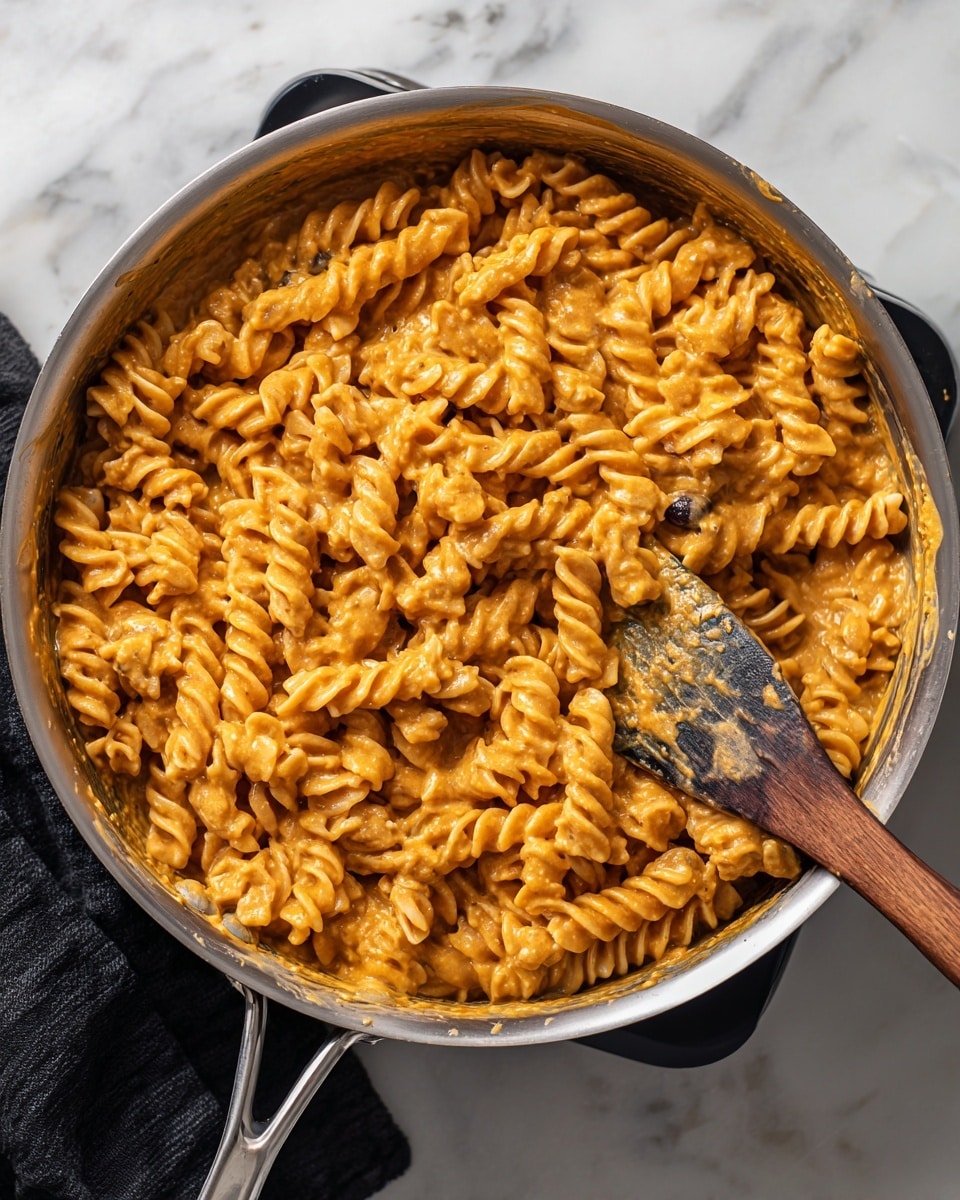 A top view of a large silver pan filled with spiral-shaped pasta coated evenly in a thick, creamy orange sauce. The pasta is bright and textured with visible ridges, mixed with small pieces like olives or similar dark bits scattered throughout. A well-used wooden spatula with darkened edges rests on the right side inside the pan, partially covered in the sauce. The pan is set on a black square cooking surface atop a white marbled countertop, with a black cloth visible on the lower left corner. The sauce clings smoothly to the pasta, giving a rich and hearty appearance. photo taken with an iphone --ar 4:5 --v 7