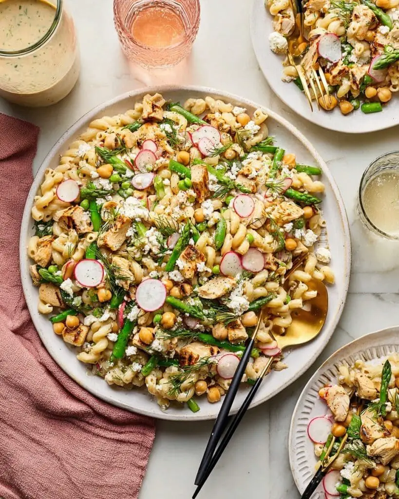 Spring Veggie & Chicken Pasta Salad with Lemon-Tahini Dressing Recipe