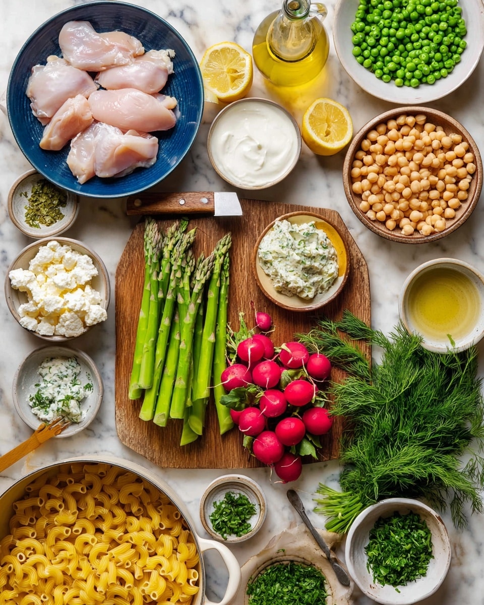 The image shows many cooking ingredients laid out on a white marbled surface with a wooden cutting board in the center. On the board are fresh green asparagus stalks, several whole and sliced bright red radishes, and a knife with a wooden handle. To the left, a deep blue bowl holds raw pale chicken pieces. Nearby are small white bowls containing crumbled white cheese, creamy sauce, another golden yellow sauce, and clear water. At the top, a round white bowl has chickpeas around a smaller brown bowl filled with green peas. A bright yellow lemon and a bottle of oil are also present. At the bottom, a large white ceramic pot is filled with yellow macaroni pasta. Small white bowls with chopped fresh dill and parsley are arranged near the pot. The scene feels fresh and colorful, ready for cooking photo taken with an iphone --ar 4:5 --v 7