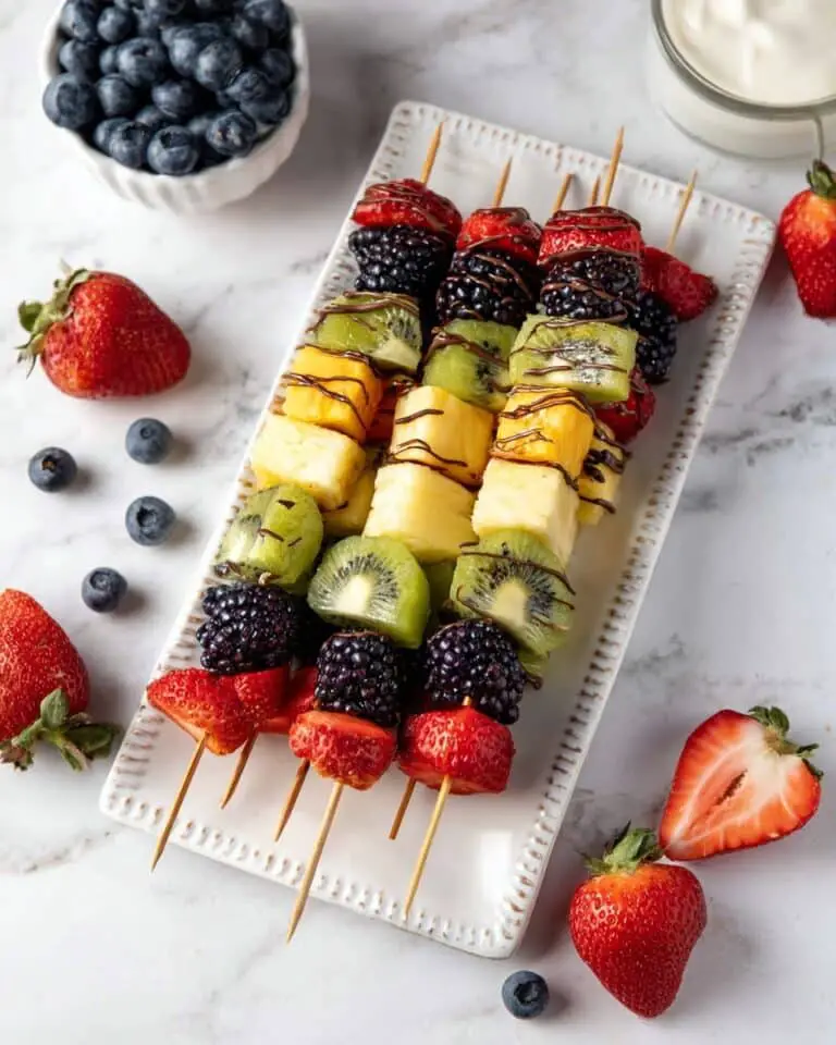 Berry Rainbow Fruit Skewers with Yogurt Dipping Sauce and Chocolate Drizzle Recipe