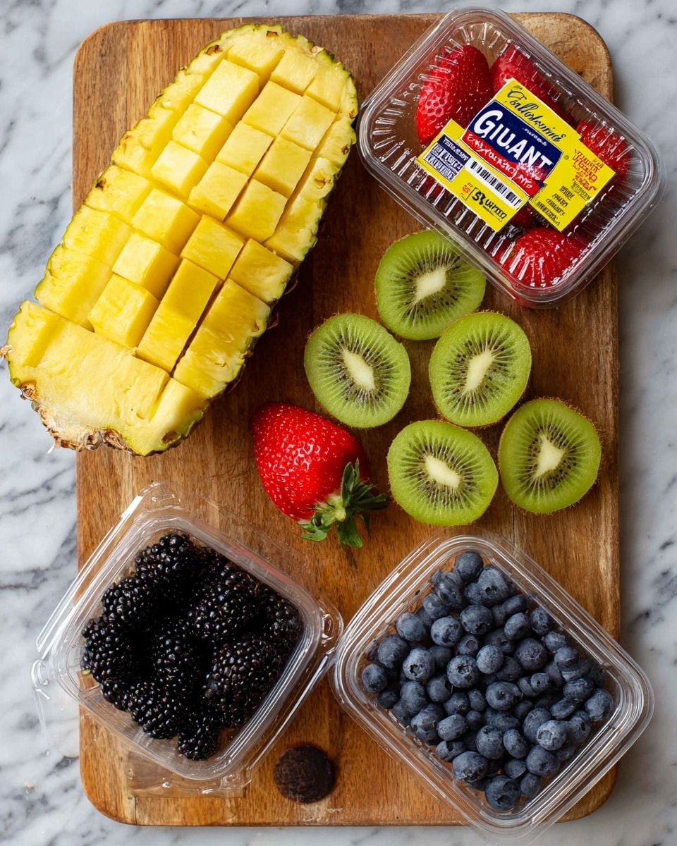 A wooden cutting board on a white marbled surface holds a vibrant arrangement of fruit. At the top left, a large pineapple chunk is sliced both lengthwise and into smaller square pieces showing its bright yellow flesh. Green kiwis, some whole and some sliced to reveal their light green inner flesh with tiny black seeds, are placed next to the pineapple. A single strawberry is cut in half, showing its red interior and small yellow seeds, with several whole strawberries in a clear plastic container labeled