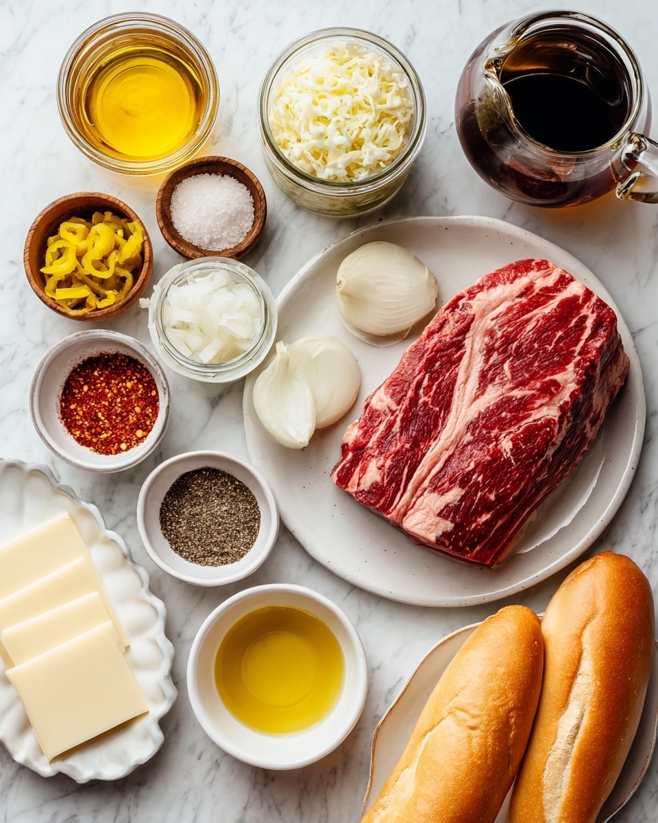 A white plate with a large raw chuck roast, dark red with white fat marbling, placed on the right side. Around it are several small white bowls and jars: one jar with crunchy white giardiniera, a small bowl of crushed red pepper flakes, a bowl with Italian dressing mix, minced garlic in a tiny white dish, a jar filled with bright yellow pepperoncini peppers, and thin white onion slices in another bowl. There are also small wooden bowls holding black pepper and salt. A small white bowl with golden olive oil, two golden brown hoagie rolls resting beside the bowls, a clear glass pitcher with dark brown beef broth, and a shell-shaped white dish stacked with smooth white slices of provolone cheese complete the layout. The background is a white marbled texture. photo taken with an iphone --ar 4:5 --v 7