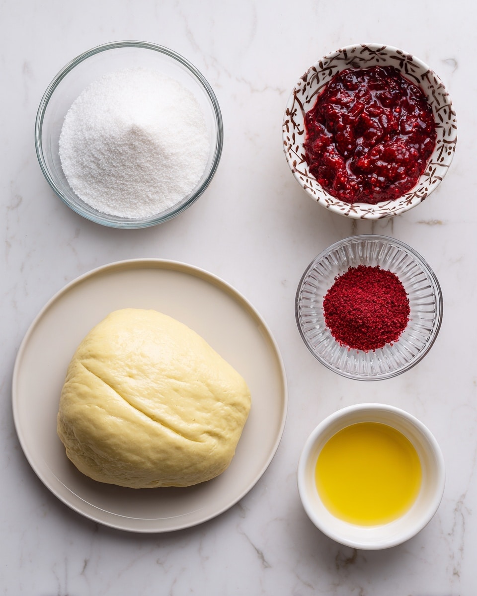 The image shows six ingredients arranged neatly on a white marbled surface. There is a large rectangular piece of pale yellow brioche dough placed on a white plate on the right side. Above the dough, there is a small white bowl with red strawberry jam, thick and textured. To the right of the jam, a small clear glass bowl holds bright red freeze-dried strawberry powder with a fine texture. On the left side, a round clear glass bowl is filled with granular white sugar. Below the sugar bowl, a small white bowl contains a smooth, bright orange egg wash liquid. Next to the egg wash, a small clear glass bowl is filled with melted yellow butter. All items are set with space between them showing the clean white marbled surface photo taken with an iphone --ar 4:5 --v 7