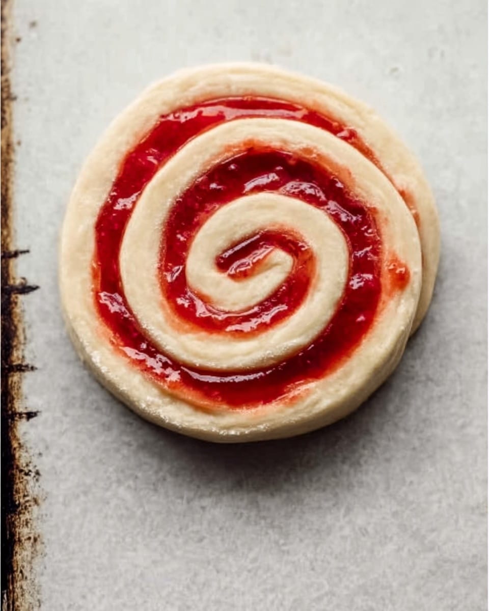 The image shows one round dough spiral on a baking tray with white marbled texture underneath. The spiral has two main layers: a pale creamy dough forming the base and a bright red jam spread evenly between the dough layers, creating a swirl pattern as it rolls towards the center. The jam is slightly glossy and thick, contrasting with the soft, matte dough. The tray's edges are visible, showing some slight dark marks near the corners. Photo taken with an iphone --ar 4:5 --v 7