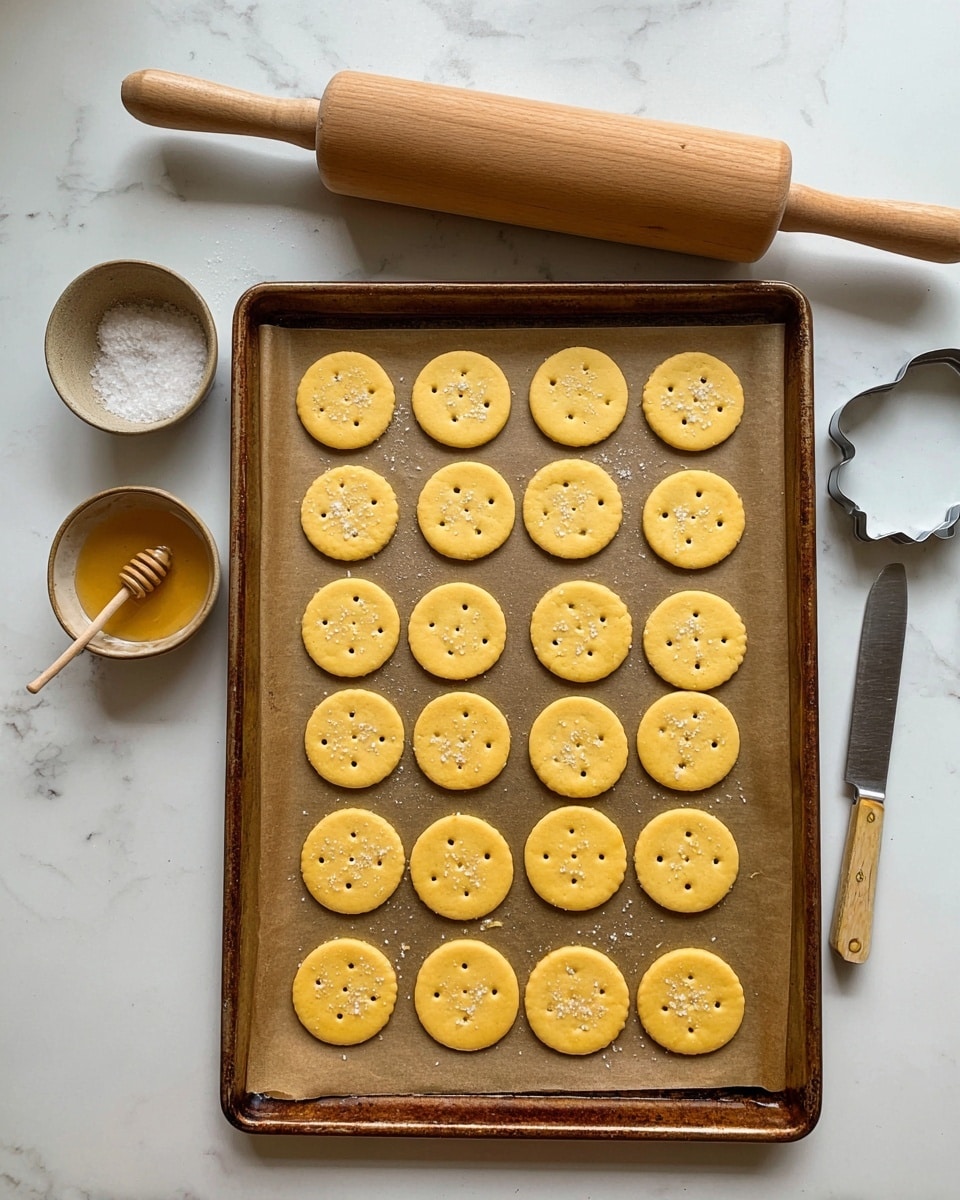 The image shows a baking tray lined with brown parchment paper holding 24 round, uncooked crackers arranged in four rows and six columns. Each cracker is pale yellow with four small holes in the center and a sprinkle of coarse salt on top. Above the tray, a wooden rolling pin rests horizontally on a white marbled surface. To the left of the tray, there are two small bowls; one contains a light brown liquid with a wooden honey dipper inside, and the other has some coarse salt. On the right side, a round metal cookie cutter and a small knife with a wooden handle lie on the white marbled surface. photo taken with an iphone --ar 4:5 --v 7