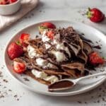 Chocolate Crêpes with Whipped Cream, Strawberries, and Melted Dark Chocolate Recipe