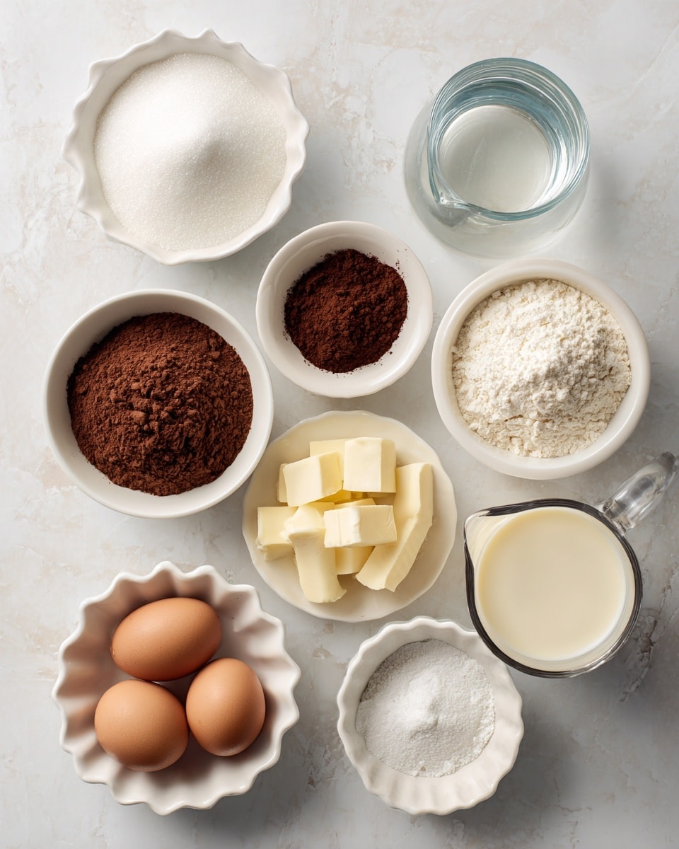 The image shows eight small white bowls and one glass jug arranged on a white marbled surface, each containing a different baking ingredient. From top left to bottom right, there is a white bowl filled with white sugar, a white bowl with clear water, a white bowl with dark brown cocoa powder, a white bowl with pale yellow butter slices, a white bowl with coarse white salt, a white scalloped bowl full of white flour, a white bowl holding three brown eggs, and a clear glass jug containing creamy white milk. Each bowl is neatly labeled with black text on white labels above or near them. Photo taken with an iphone --ar 4:5 --v 7