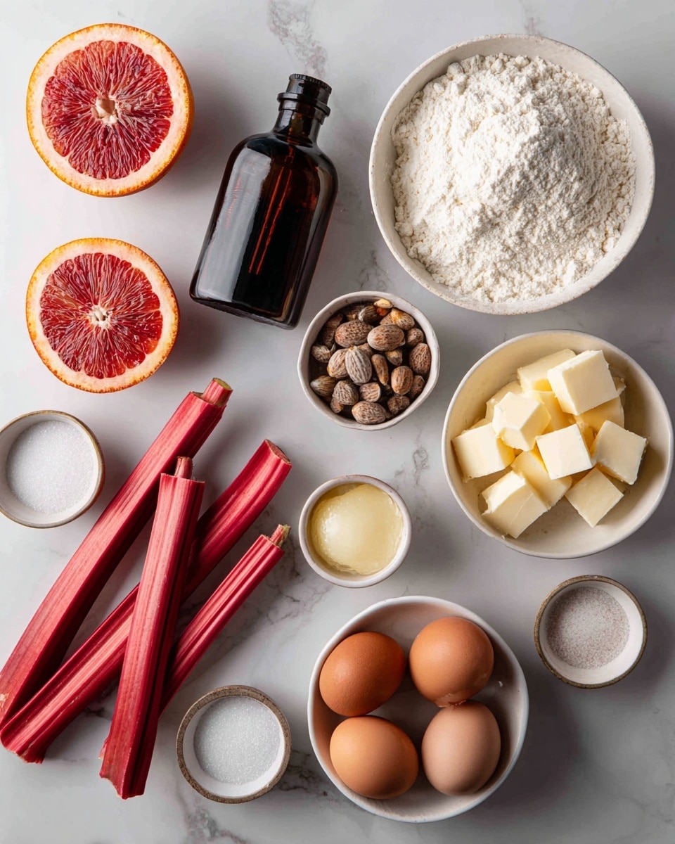 The image shows ingredients arranged neatly on a white marbled surface. On the left side, there is half a blood orange and a small white bowl with an orange half placed on top, used for juicing and zesting. Above it, there is a dark brown bottle labeled vanilla extract. To the right, a white bowl filled with white all-purpose flour and below that a white bowl with ground hazelnuts, both with a rough texture. Next to these, several long red fresh rhubarb stalks lie diagonally. In the lower left, there is a small white bowl of sugar, a small white plate of salt and baking powder, and a white bowl filled with cubed butter. Close by, a small white bowl with extra sugar is visible. On the lower right, there is a white bowl holding three brown eggs, and one egg is placed just above it on the surface. The whole setup is clean and bright, clearly showing all ingredients. photo taken with an iphone --ar 4:5 --v 7
