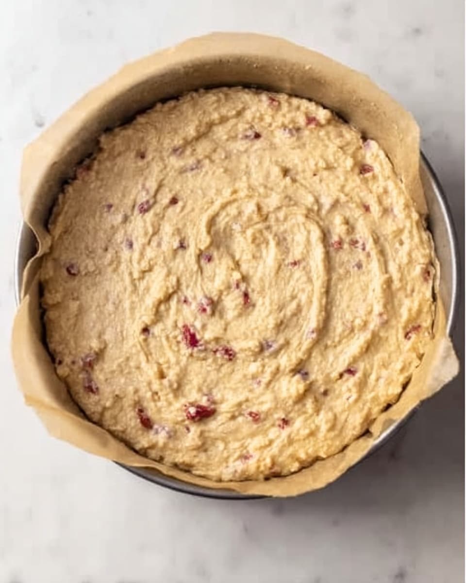 The image shows a round baking pan lined with parchment paper filled with a thick, uneven batter. The batter is light beige in color with visible small red and purple bits scattered throughout. The surface of the batter has a rough texture with some swirls and peaks. The pan sits on a white marbled surface. photo taken with an iphone --ar 4:5 --v 7