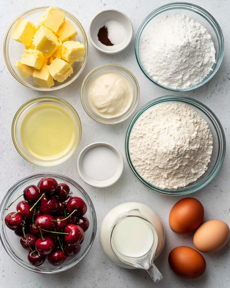 A flat lay of baking ingredients arranged neatly on a white marbled surface with clear labels in simple black font. The glass bowls show layers and textures: bright yellow butter in small chunks top left, fine white icing sugar in a large bowl top right, plain white sugar in a medium bowl center-left, and white flour in a medium bowl center right. A small white bowl holds salt at the top left, near a small white bowl with pale yellow lemon juice below it. Bright red cherries with green stems fill a glass bowl at bottom left. A clear glass jug with white milk is placed below the cherries, next to a clear cup of oil in the center. On the right, three brown eggs sit in a small glass bowl above a white bowl of fine castor sugar. A tiny white bowl containing a small amount of dark vanilla sits beside the flour. The photo is clear and bright, taken with an iphone --ar 4:5 --v 7