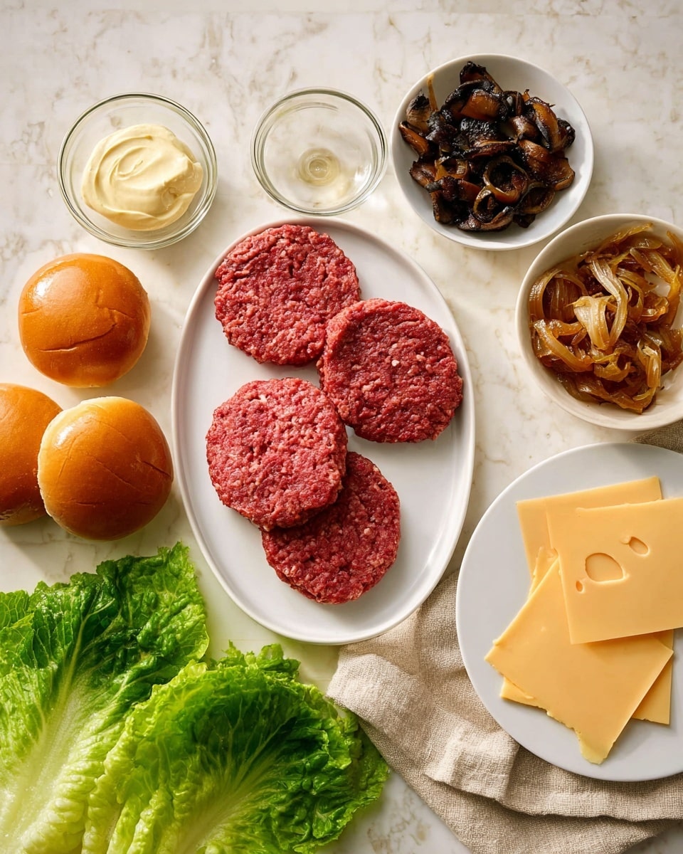 The image shows ingredients for making burgers arranged on a white marbled surface. In the center, there is a white oval plate with four raw, red beef burger patties showing a slightly rough texture. To the left, three shiny golden brown burger buns are placed in a small group. Above the buns, there are two small white bowls; one has cooked caramelized onions with a glossy brown color and soft texture, and the other contains sautéed mushrooms, dark brown and moist. On the top left, a small glass bowl filled with creamy pale yellow mayonnaise sits next to the patties. To the right, fresh bright green lettuce leaves are spread out, showing their crinkly texture. Below the lettuce is a white plate with three square slices of pale yellow Swiss cheese with holes. A light beige cloth napkin lies partially under the oval plate. The whole setup is neat and colorful with natural lighting, photo taken with an iphone --ar 4:5 --v 7