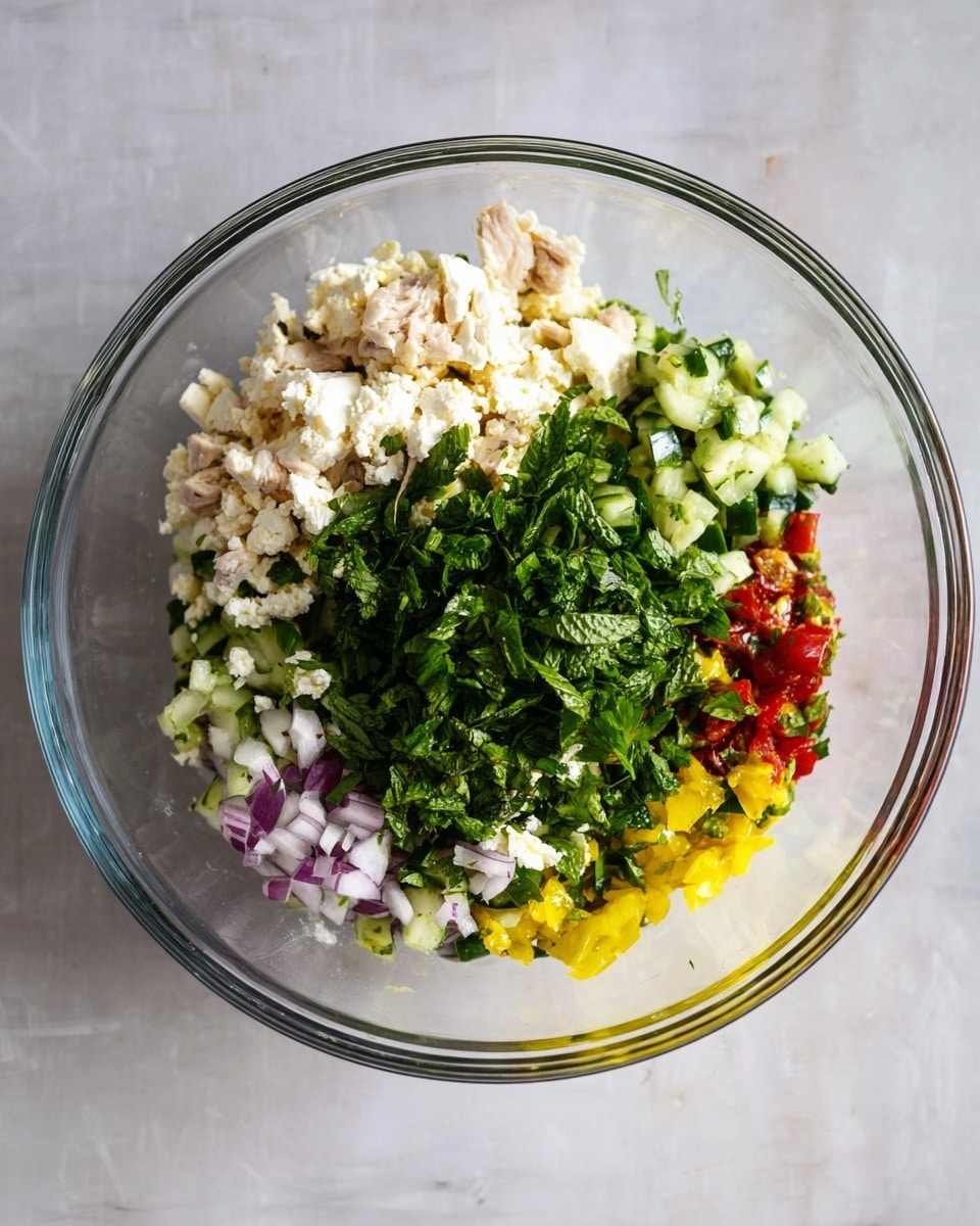 A clear glass bowl sits on a white marbled surface, filled with several colorful layers of ingredients. On one side, there are small cubes of pale beige chicken and finely chopped light purple onions mixed with small pieces of cucumber. Next to that is a layer of creamy white crumbled cheese. On top of the cheese and chicken layers, a large pile of fresh, dark green chopped herbs including mint leaves covers almost half the bowl. Below the herbs, bright yellow pickled vegetables and small pieces of vivid red tomatoes add more color to the mix. The textures are a mix of soft, crumbly, and leafy, creating a fresh and vibrant look. photo taken with an iphone --ar 4:5 --v 7