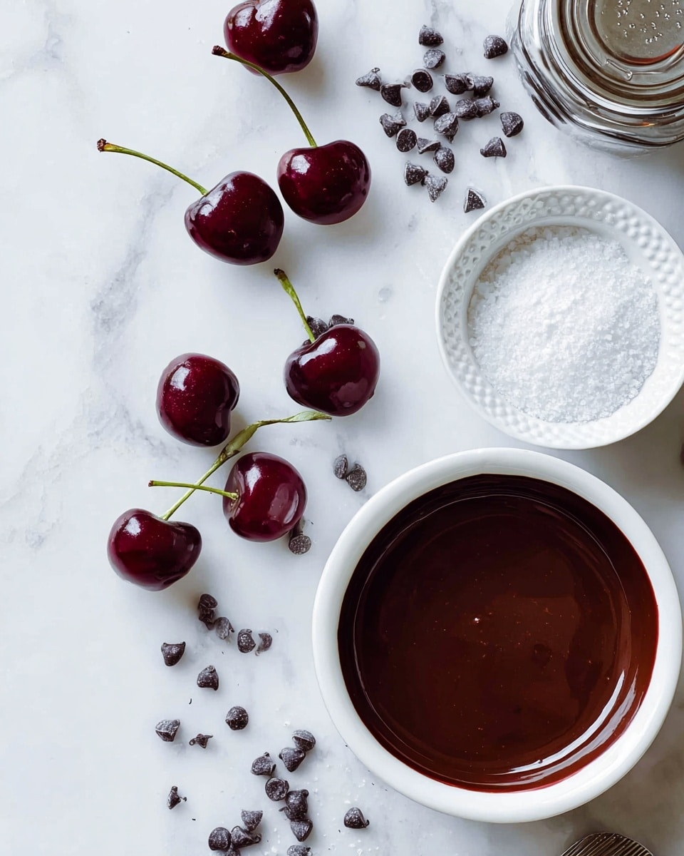 The image shows a white bowl filled with smooth, dark brown chocolate sauce positioned at the bottom right corner. Around it, on a white marbled surface, there are several dark red cherries with green stems scattered, along with small black chocolate chips spread randomly. Near the center right, there is a textured small white bowl filled with fine white sugar. A partially visible jar with a metallic lid is placed at the top right corner. The whole arrangement is bright and clean with a soft natural light. photo taken with an iphone --ar 4:5 --v 7