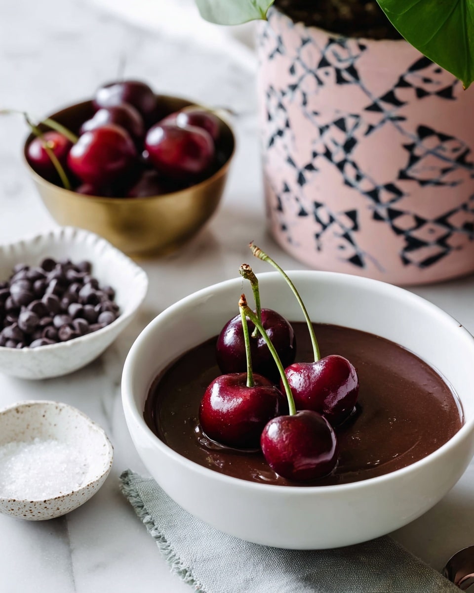 A white bowl holds a smooth, dark brown chocolate sauce as the base layer, topped with three glossy, deep red cherries with long green stems sitting on the surface. Surrounding the bowl on a white marbled table are items including a small white bowl filled with dark chocolate chips, a small textured off-white dish with white granulated sugar, and a brass container with more cherries. In the background, there is a pink pot with a geometric pattern holding a green leafy plant. Photo taken with an iphone --ar 4:5 --v 7