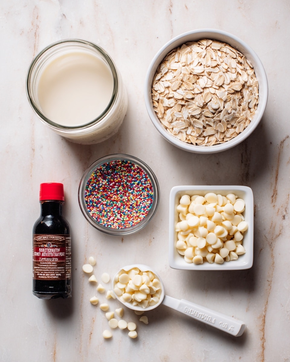 The image shows separate ingredients arranged on a white marbled surface: a clear glass jar filled with creamy dairy-free milk at the top, a white bowl filled with light tan old-fashioned oats below it, a small clear glass container holding dark brown vanilla beside the oats, a small white square dish with colorful round sprinkles next to the vanilla, a black bottle with a red cap labeled cake batter extract on the left side, and a white measuring spoon filled with white chocolate chips at the bottom with a few chips scattered around. photo taken with an iphone --ar 4:5 --v 7