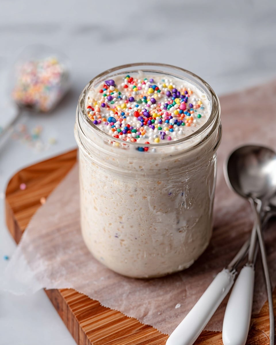 A clear glass jar filled with a light beige creamy mixture that has a slightly grainy texture, topped with colorful round sprinkles in red, blue, green, yellow, purple, white, and orange, scattered evenly on the surface. The jar sits on a wooden board with visible grain patterns, placed on a piece of pale translucent parchment paper. Around the jar, there are metal measuring spoons with white handles and a white marbled surface in the background. Photo taken with an iphone --ar 4:5 --v 7