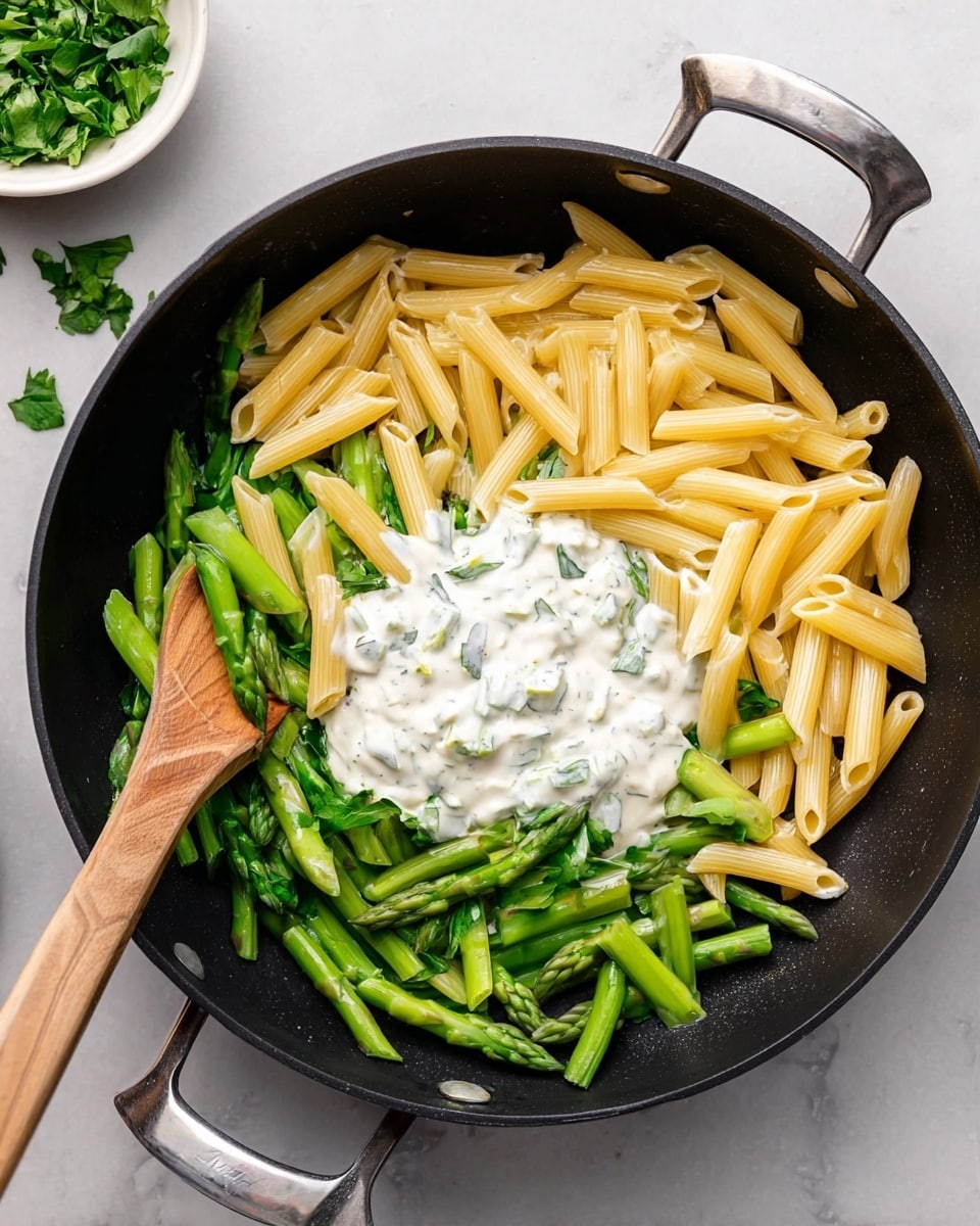 In a black skillet with a shiny silver handle, there are three visible layers: on the bottom is bright green asparagus pieces, arranged in a scattered way, cooking slightly. Above the asparagus is a layer of pale yellow penne pasta, resting loosely on top and around the green pieces. In the center of this pasta layer is a dollop of thick white creamy sauce with small green herb pieces mixed inside. A wooden spoon lies inside the skillet on the left side. The skillet is set on a white marbled surface with a small white bowl of chopped green herbs visible at the upper left edge, and some scattered green leaves near the bottom left corner photo taken with an iphone --ar 4:5 --v 7