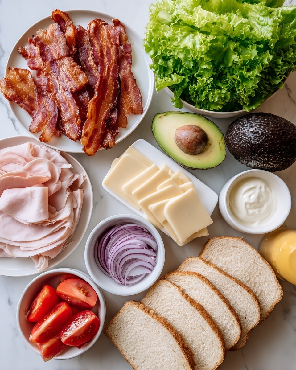 A white plate on the top left holds several crispy, reddish-brown bacon strips with visible textures of fat and meat. Below it, there is a red and black package of provolone cheese showing multiple pale yellow slices inside. To the right, a whole dark green and bumpy avocado sits between a small white bowl of smooth, white sour cream above it and a small white bowl of bright red, juicy tomato slices below. Next to the tomato, a small white bowl contains several rings of purple and white onion with translucent edges. To the left of the tomato and onion, there is a pile of thinly sliced light pink turkey with slightly darker edges. On the upper right, a bunch of curly green lettuce leaves rests on the white marbled surface. Near the top center, a small white bowl contains creamy, off-white mayo, with a yellow mustard bottle behind it. At the bottom right, several slices of pale golden sourdough bread are stacked with visible crust lines. All items are placed on a white marbled texture surface with black text labeling each ingredient. Photo taken with an iphone --ar 4:5 --v 7