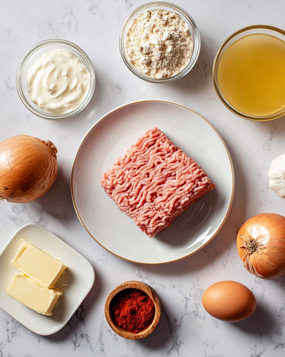 A white plate holds a square block of light pink ground meat with a soft texture and some white fat streaks, placed slightly to the right on a white marbled surface. Around it are various ingredients: a whole brown onion just below the plate, a whole garlic bulb at the top right, a bowl filled with light yellow broth at the bottom left, a small white square dish containing two pieces of pale yellow butter at the lower left, a small glass jar filled with reddish-brown spice mix near the center, a tiny wooden bowl with red powder beside the jar, a glass bowl of thick white cream at the top left, a small white bowl with bright red paste near the cream, and a single brown egg resting near them. Photo taken with an iphone --ar 4:5 --v 7